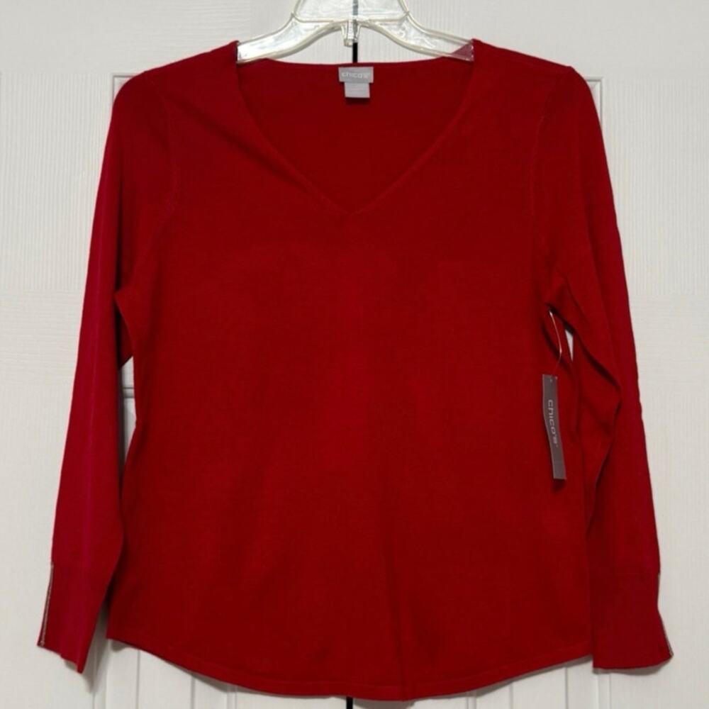 NWT Chico's Pullover V-Neck Caviar Tipping Point Sweater, Red, Size 1